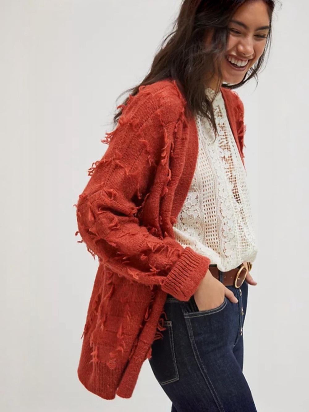 Anthropologie Maeve Janis Rust Fringe Cardigan Sweater XS/S Boho Knit Open Front